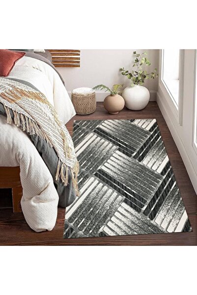 OEM Amira Anti-Slip Rug, Grey with Black, Polyester, 80 x 150 cm
