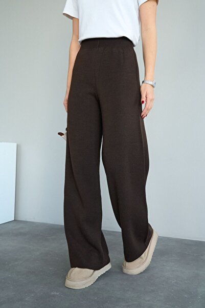 Edolina Butik بنطلون تريكو بخصر مطاطي بني