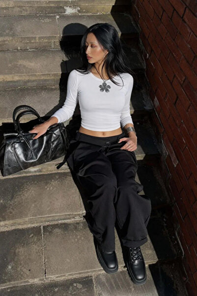 COMBİNE MİCHAİL Tricou crop cu mânecă lungă, strâmt, ecru, pentru femei