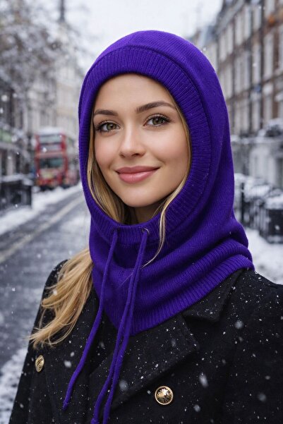BALIENTE Purple Soft Textured Knitwear Balaclava Women's Beanie