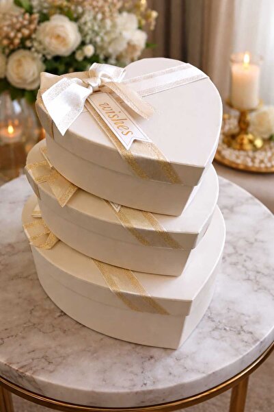 Ecoflex kalp Kurdeleli bej Hediye Kutusu Boş 3 lü