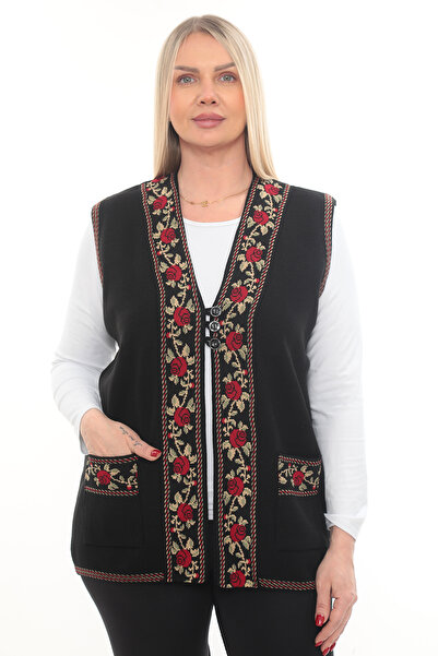 İKSUN Vestă de mamă din tricotaj gros, brodată cu trandafiri, cu buzunare cu ...