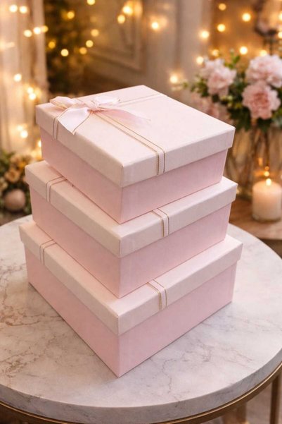 Ecoflex kare Kurdeleli pembe Hediye Kutusu Boş 3 lü
