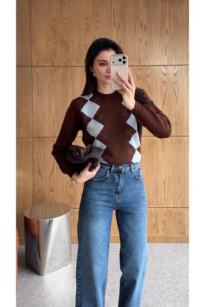 HAZELANNA Baklava Pattern Brown Sweater