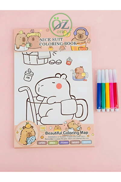 ÖZ OFİS Capybara Kapibara 12'li Örnekli Boyama Kartları Seti 5'li Boya Kalemi...