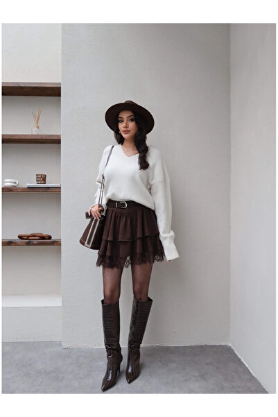 solena sln Дамска мини пола с колан и дантелени детайли