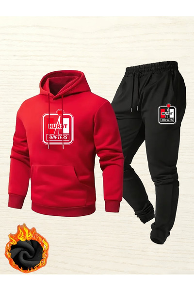Flow touch Printed Hooded Men's Tracksuit Set with Two Strings Fleece-Lined