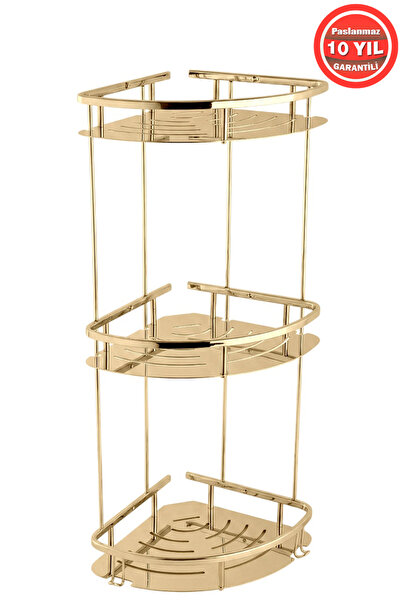 BanyomHome Altın Gold Paslanmaz Pirinç 3'Lü Marin Şampuanlık Banyo Rafı