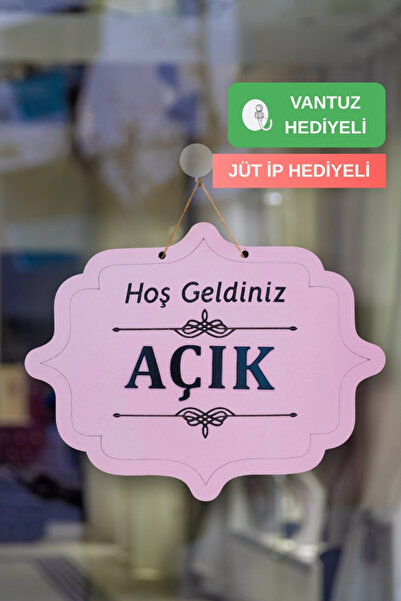 Kutaydan Ahşap Dekoratif Kesim Açık-Kapalı Yazısı -Pembe