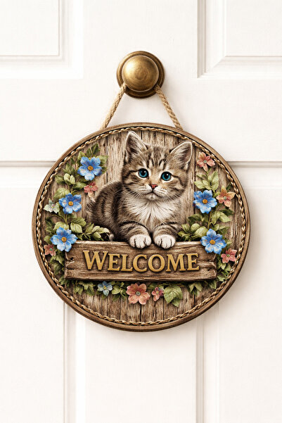 e&a care hoşgeldiniz welcome kedi temalı retro kapı süsü ahşap mdf uv baskı 2D