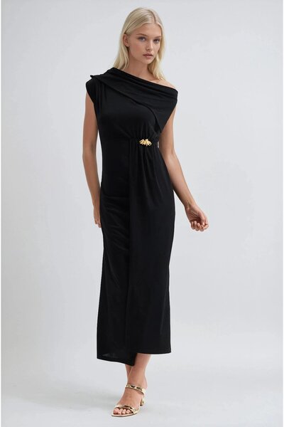 vuvutasarım New Season Draped Women's Dress with Waist Accessory Slit 2959
