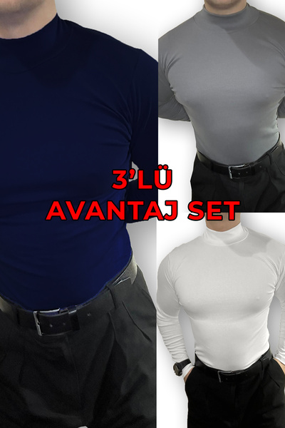 Lushen Erkek 3’lü Avantaj Paket Set Uzun Kollu Balıkçı Yaka Body Badi Kazak