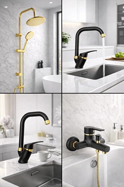 RocciArmatur Gold Kare Robot Seti, Siyah Gold Banyo, Lavabo, Mutfak Bataryası...