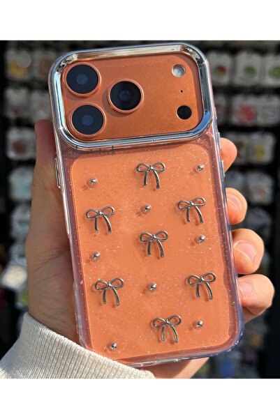 m.tk moveteck iPhone 17 Pro Max Kılıf Fiyonk Desenli Şeffaf Simli Gümüş Metal...