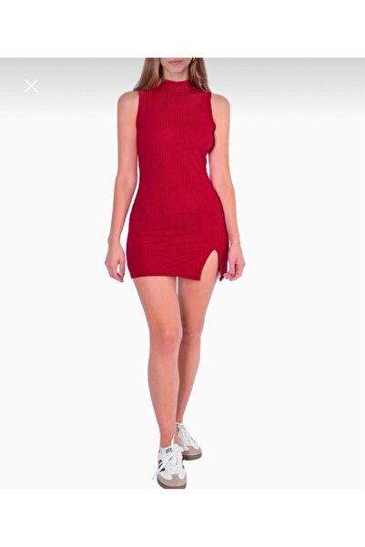 AlanTeks Sleeveless Corded Fabric Side Slit Detailed Crew Neck Mini Knitwear ...