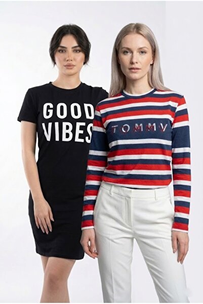 full fashiion Two-piece set: Good Vibes print house dress + long-sleeved stri...