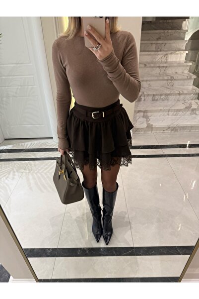 solena sln Fusta scurtă de damă cu centură și detalii din dantelă