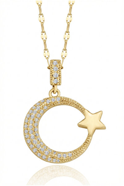 Cosmia Shine Gold Ay Yıldız Figürlü Paslanmaz Çelik Kolye Zirkon Taşlı Kararmaz