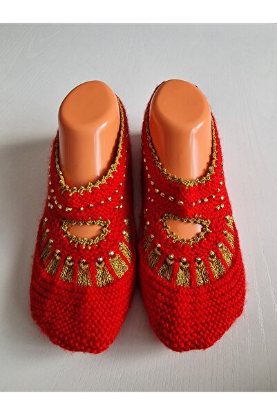 Hobi Kafe Hand Knitted Beaded Red Booties (Çetik)