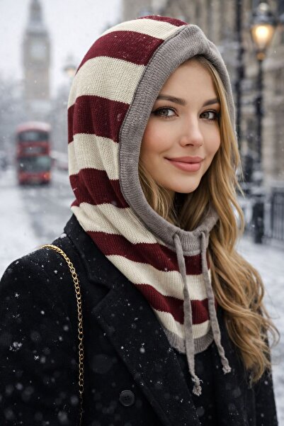 HAZAL KAYA ATELIER Burgundy Beige Striped Soft Textured Knitwear Balaclava Wo...