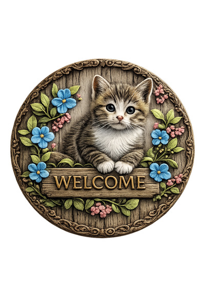 e&a care hoşgeldiniz welcome kedi temalı retro kapı süsü ahşap mdf uv baskı 2D