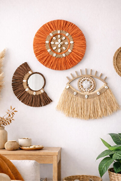 Bubihome Kiremit & Rafya Bohem Duvar Dekoru Seti 3'lü , Deniz Kabuğu Ve Hasır...