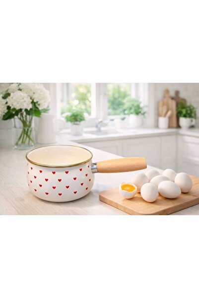 Akkoyunlu home Red Heart Enamel Saucepan & Milk Pot – Wooden Handle, Egg Cook...