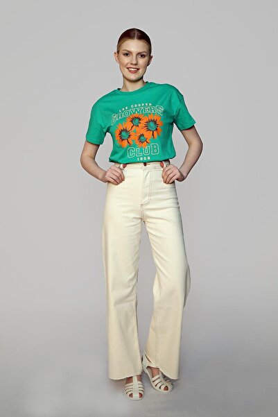 Lee Cooper Tina Normal Waist Relaxed Fit Wide Leg Ecru Women's Trousers