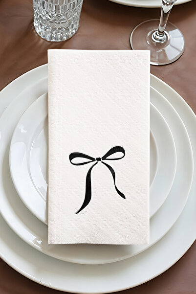 Story Airlaid 20x40 cm Siyah Varak Fiyonk Kurdele Desenli 16'lı Beyaz Renkli ...