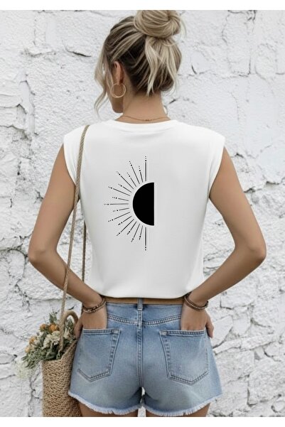 FUFLUNS تي شيرت نسائي بدون أكمام مطبوع عليه شمس على الظهر