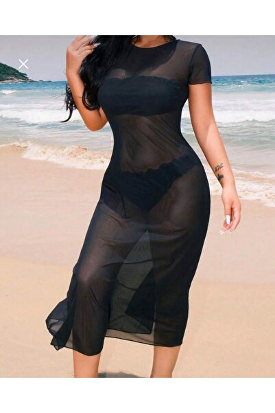 AlanTeks Crew Neck Short Sleeve Long Tulle Bikini Top Pareo-Beach Dress New S...