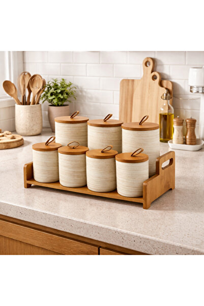 ABAREEK 7-piece ceramic sugar, tea and spice canister set with lid and wooden...