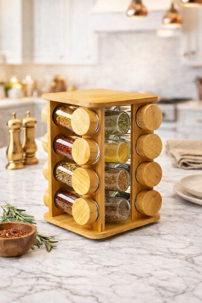 AENLINE HOME 16-Piece Bamboo Spice Rack Set with Rotating Stand – Glass Spice...