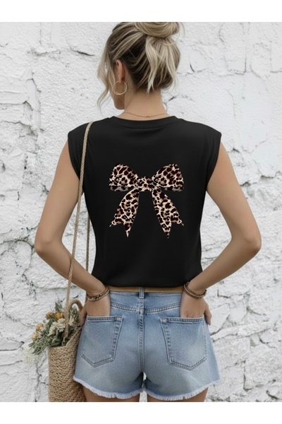 FUFLUNS تي شيرت نسائي بدون أكمام مطبوع عليه شريط ليوبارد على الظهر