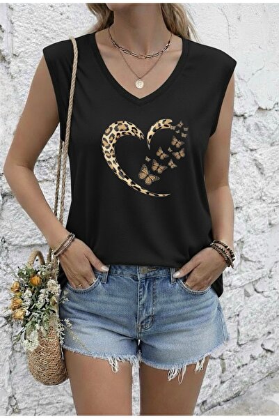 FUFLUNS Leopard Heart Butterfly Printed Women's Oversize Sleeveless T-Shirt