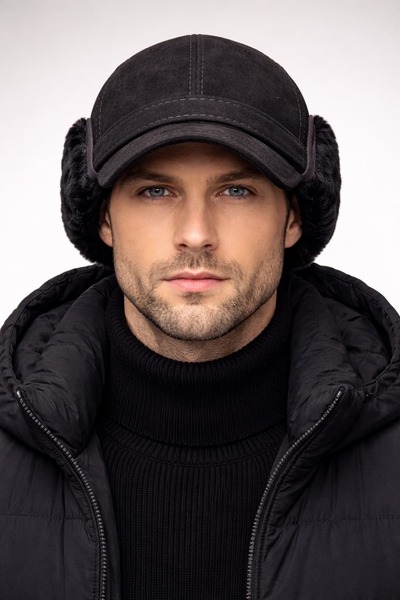 Levin Peak Auron Hakiki Süet Kulaklıklı Erkek Kasket Şapka ( Siyah & Koyu Kah...