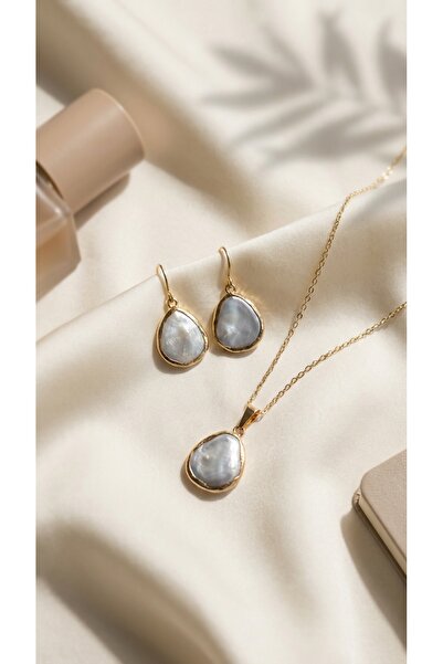 SR Jewelry Box Damla Form İnci Kolye ve Küpe Seti - El İşçiliği