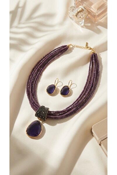 SR Jewelry Box Mor Taş Damla Uçlu Çok Sıralı Kolye & Küpe Seti - El İşçiliği