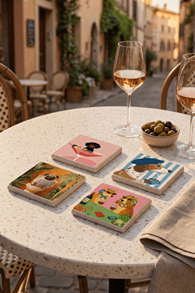 Baumatelier مجموعة من 4 قواعد أكواب حجرية من الترافرتين بتصميم كلب على طراز ا...