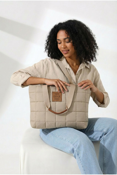 Güce Vizon Bej Kapitoneli Fermuarlı Puffer Kumaş Suya Dayanıklı Büyük Boy Kad...