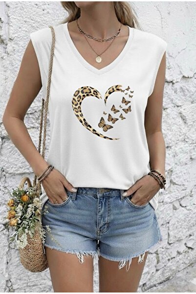 FUFLUNS Leopard Heart Butterfly Printed Women's Oversize Sleeveless T-Shirt