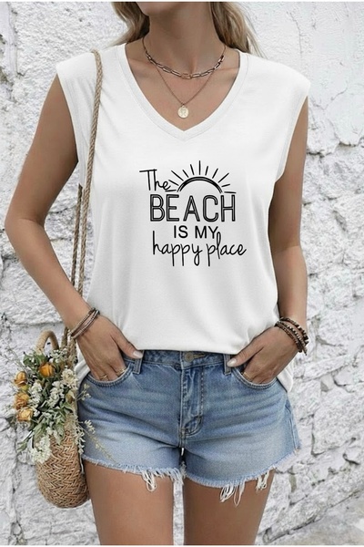 FUFLUNS PLAJA ESTE LOCUL MEU FERICIT TRICOU FĂRĂ MÂNECI OVERSIZE PENTRU FEMEI...