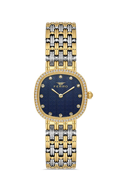 FERRO Fl21563Awt-D3 Quartz Grey-Yellow Steel Band Navy Dial 28 mm Women's Wri...