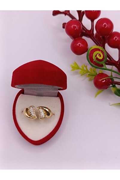 RP COMPANY خاتم من الفولاذ بتصميم قلب مزدوج مرصع بالزركون ذهبي اللون