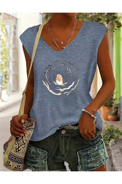 FUFLUNS Bird Printed Women's Oversize Sleeveless T-Shirt