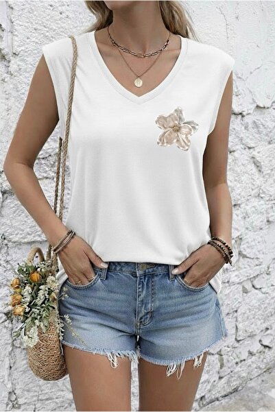 FUFLUNS تي شيرت نسائي بدون أكمام مطبوع عليه زهور صغيرة