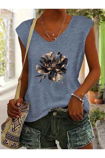 FUFLUNS Black Flower Printed Women's Oversize Sleeveless T-Shirt