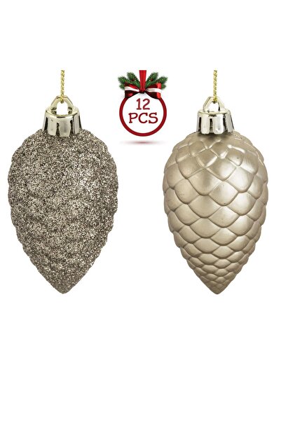 OEM Комплект коледни украси конуси бежови матови брокат 7 см - 12 бр.