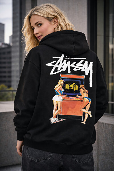 CAMBLYS سترة STUSSY GAME GILR مطبوعة من الخلف O قصة فضفاضة للجنسين مصنوعة من ...