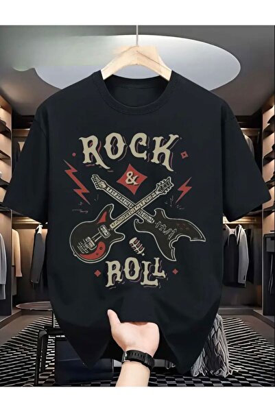 Oceanwear Rock&Roll Printed Crew Neck Short Sleeve Unisex Plain Black Tshirt